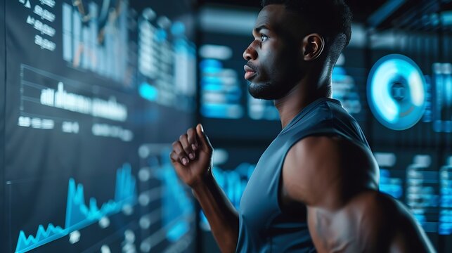 African American man running on treadmill with digital screen background statistical data for his fitness goal dedication concept. - Powered by Adobe