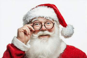 Naklejka premium Happy Santa in a red sweater and glasses with a white background. He is wearing a Santa hat