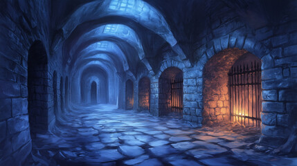 Illustration of a dimly lit medieval dungeon corridor with stone arches, barred gates, and glowing torchlight