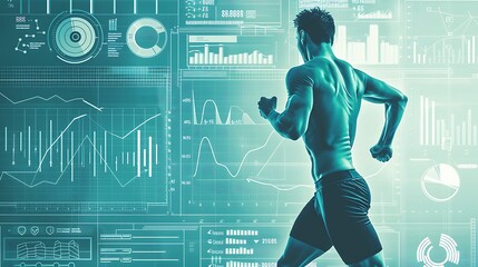Muscular runner with futuristic data visualization background for Fitness tracking concept or modern context data analysis.