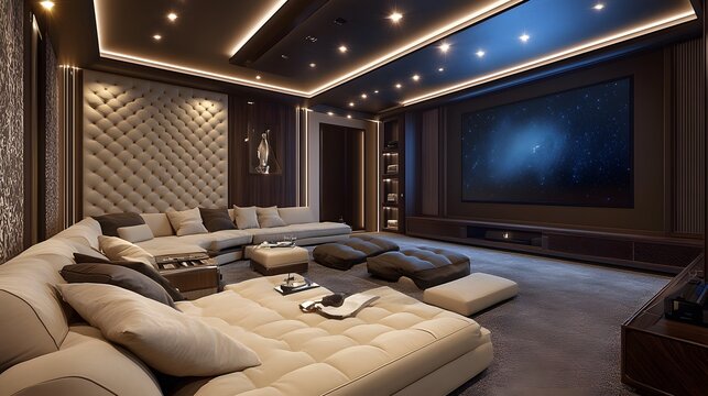 A modern luxury media room with a large screen, plush seating, and ambient lighting for an immersive experience