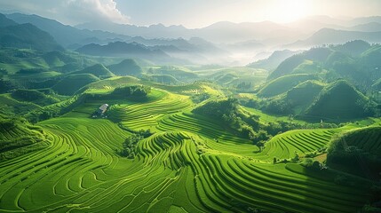 Fototapeta premium An aerial view of the rice paddies, the intricate patterns of the terraces as they wind around the hills. The fields are lush and green, with small village nestled among them, distant mountains.