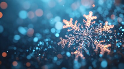 An intricate snowflake illuminates in soft light against a backdrop of shimmering blue hues