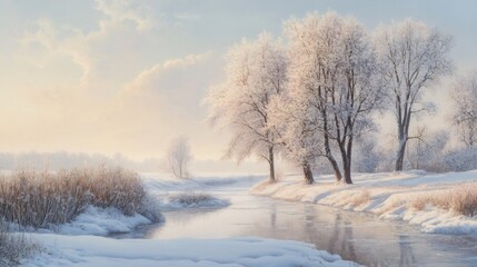Obraz premium A frosty winter landscape with a river flowing through a snow-covered field, surrounded by trees frosted in white.