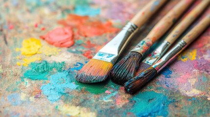 Obraz premium Three paintbrushes with vibrant colors lie on a stained palette filled with a variety of rich, colorful paints from an artistic endeavor
