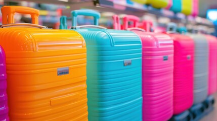 Fototapeta premium Brightly colored suitcases are neatly arranged in a luggage store, highlighting their unique styles and travel-friendly features
