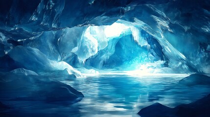 A frozen cave with icy walls and a blue lake at the entrance.