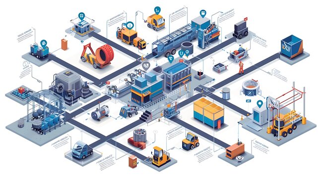 Detailed isometric flow diagram with industrial facility layout for production process material flow product components and main operating equipment concept.