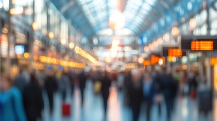 Fototapeta premium The airport terminal is filled with travelers in motion, busy with carry-on items and hurried footsteps amid vibrant lighting