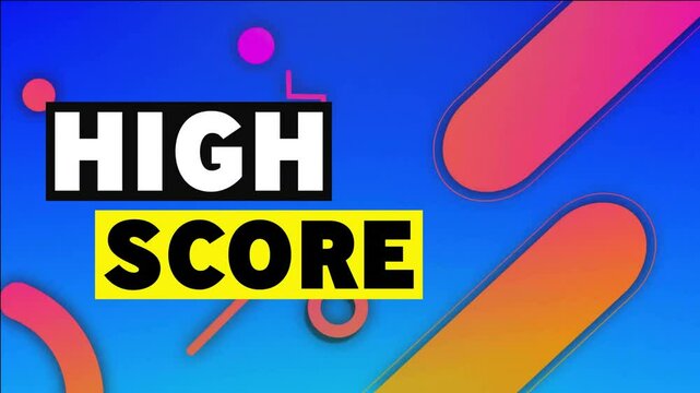 High score text animation over colorful geometric shapes on blue background - Powered by Adobe