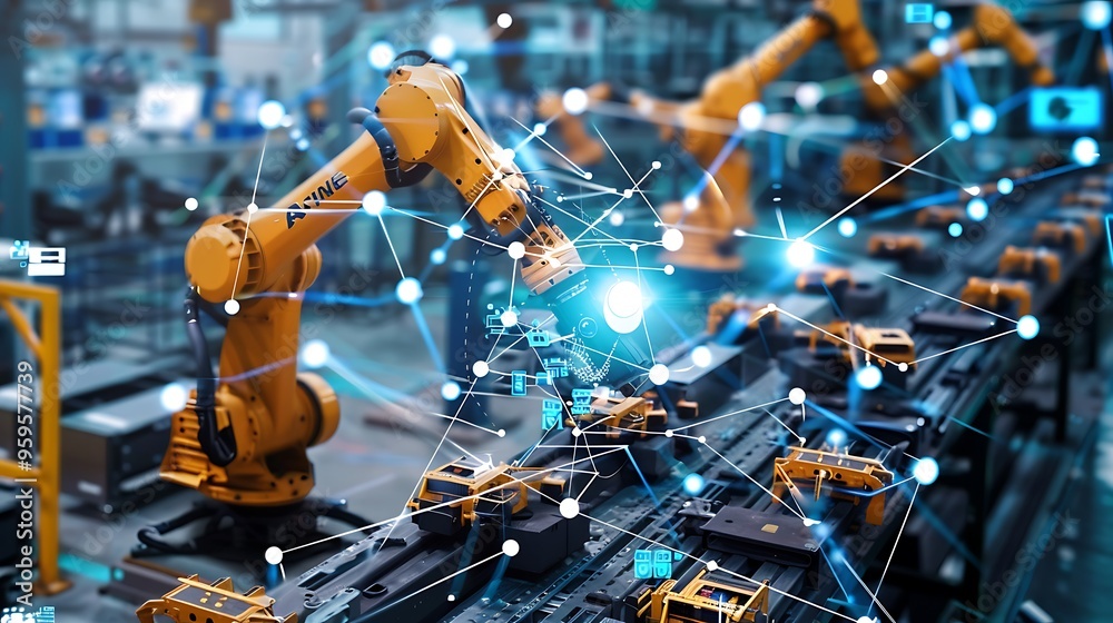 Poster robotic arms operate on an assembly line in a modern factory with advanced automation technology for