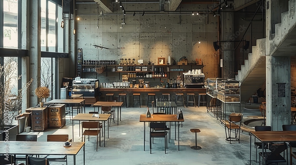 Poster The concrete coffee shop is located in an industrial building, with some metal structures and tables placed on the ground, Seating area with multiple tables. Generative AI.