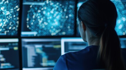 A team of data analysts engages in collaborative analysis within a high-tech office, focused on various data displays and visualizations