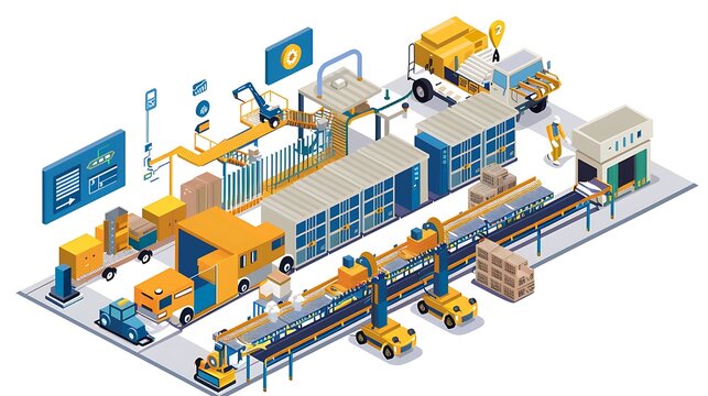 illustration of automated warehouse with machine robot and conveyor system for efficient logistics transportation and modern production warehouse concept.