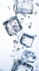 Water Splashing in a Glass with Ice Cubes, Illustration of ice on white background with bubbles.