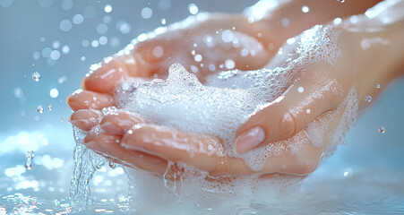 Fototapeta premium Both hands are cleaned and filled with soap bubbles, generative ai