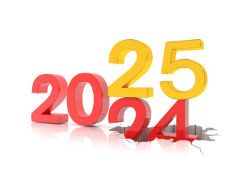 3d render of the numbers 2025 and 24 in red and gold over white reflecting background. The number 25 falls on the number 24 and breaks in it in the ground. - Vacation concept.
