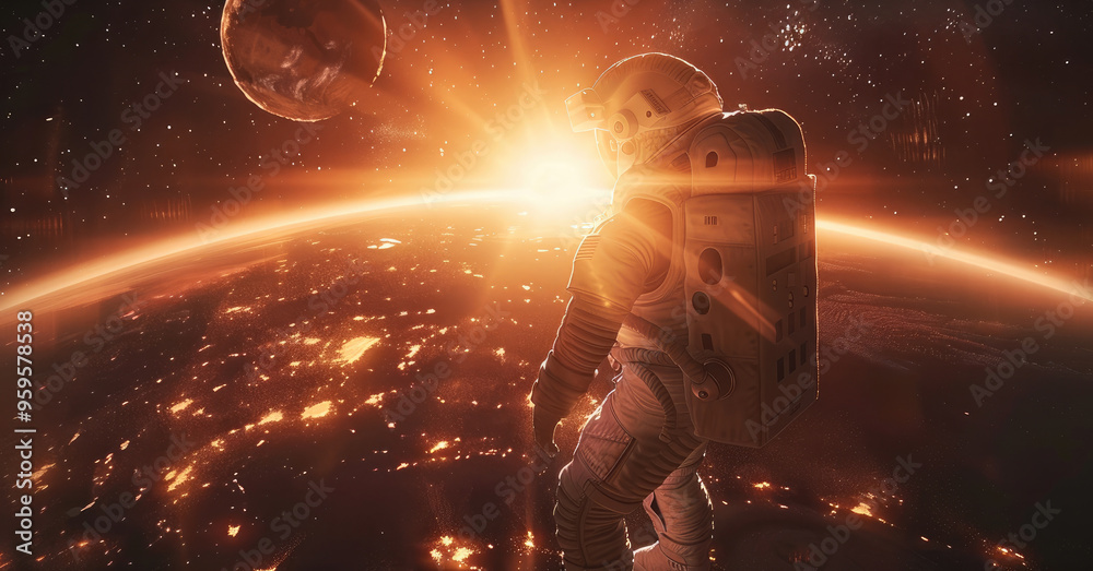 Poster An astronaut floating in space, facing and watching the sun as it sets behind a distant planet. Generative AI.