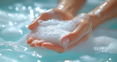 Fototapeta premium Both hands are cleaned and filled with soap bubbles, generative ai