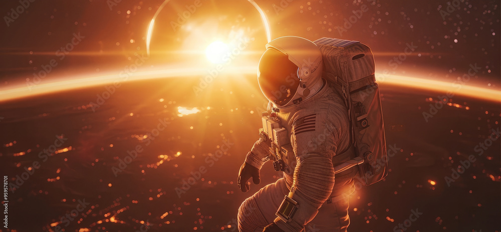 Poster An astronaut floating in space, facing and watching the sun as it sets behind a distant planet. Generative AI.