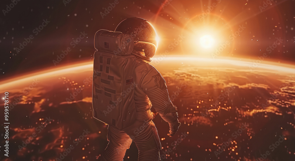 Aufkleber An astronaut floating in space, facing and watching the sun as it sets behind a distant planet. Generative AI.