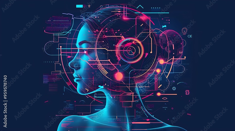 Poster digital woman with abstract pattern of technology for future futuristic human artificial intelligenc