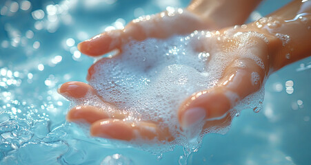 Fototapeta premium Both hands are cleaned and filled with soap bubbles, generative ai