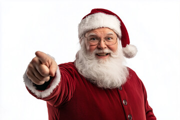 smiling Santa in a red hat and glasses is pointing to the camera. 