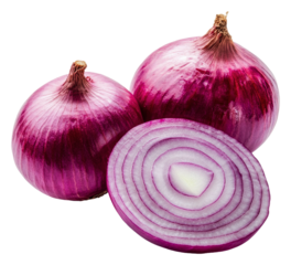 Fresh purple onions cut open on a white background, cut out - stock png.