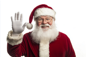 smiling Santa waving to the camera. The man is wearing a red suit and white gloves. He has a beard and glasses