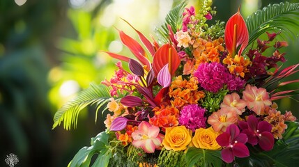 Experience a bold and colorful display of tropical flowers, featuring an array of orchids, birds of paradise, and anthuriums. Generative AI