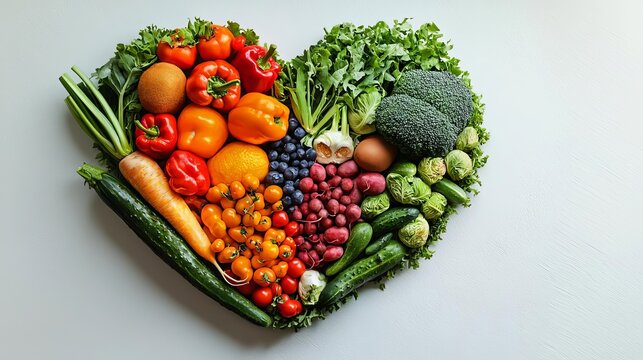 World Vegan Day Fresh vegetables and fruits arranged in the shape of a heart, celebrating World Vegan Day, 3D illustration - Powered by Adobe
