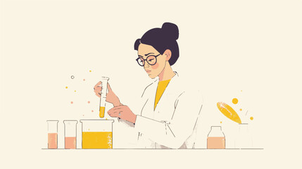 A flat illustration of a female scientist with glasses, in her laboratory white background,
