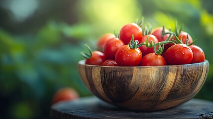 Fresh Juicy Tomatoes in Rustic Wooden Bowl with Vibrant Red Hues on Blurred Background