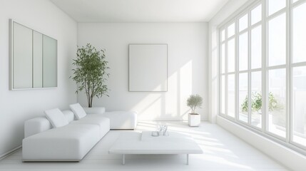 A white living rom with a green wall.