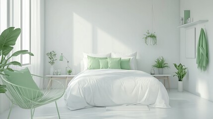 A white bedroom with a green wall.