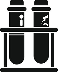 Black and white icon of two test tubes in a rack, one with an information symbol and the other with an electricity symbol