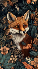 autumn red fox illustration with floral accents wallpaper