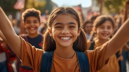 Fototapeta premium A joyful group of children celebrating in a vibrant outdoor setting.