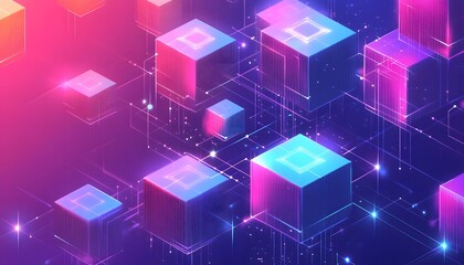 Abstract Neon Cubes with Interconnected Lines on a Purple Background