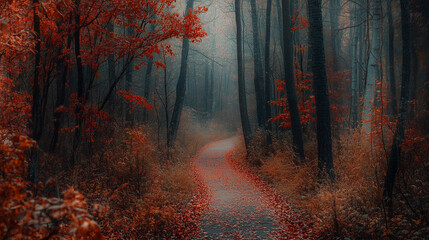 Obraz premium Misty forest path in autumn with red leaves covering the trail, surrounded by tall trees and a foggy atmosphere, creating a mysterious and serene landscape