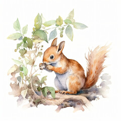 Baby Eichhörnchen arbeitet im bunten Garten mit Pflanzen und Gemüse