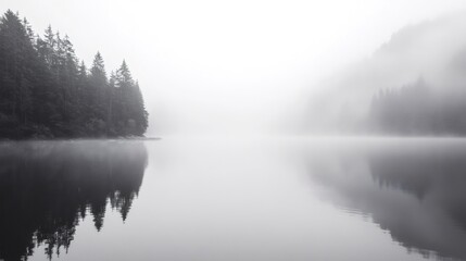 Fototapeta premium A misty lake with a row of trees on the left side and a hillside covered in fog on the right side.