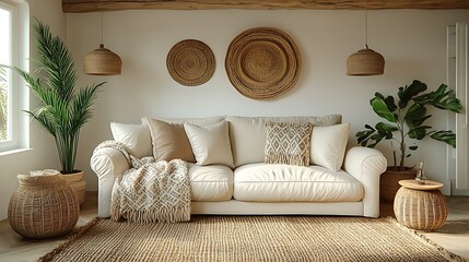 A bohemian living room featuring handwoven throws with intricate patterns and fringes, draped over a cozy sofa. The space is warm and inviting with rattan furniture, woven rugs,