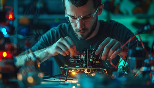 Focused male engineer working on a complex electronics project at a lab bench, surrounded by electronic components and tools.