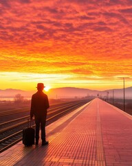 Fototapeta premium Person standing at a train station platform at dawn, ready to embark on a new adventure.
