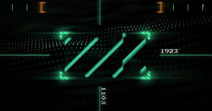 Green digital bars and numbers animation over dark background with dotted patterns