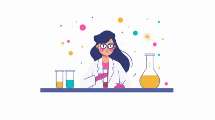 A flat illustration of a female scientist with glasses, in her laboratory white background,
