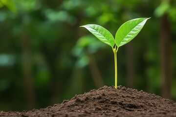 New sapling growing in a forest, symbolizing renewal and growth.