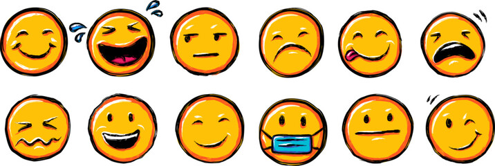 Fototapeta premium Grunge emoji hand drawn style collection